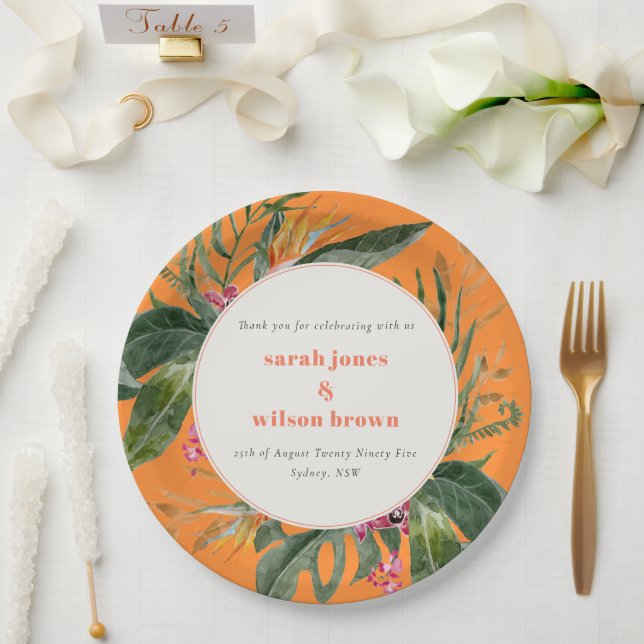 Vibrant Orange Blush Boho Tropical Floral Wedding Paper Plate (Wedding)