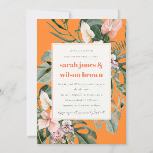 Vibrant Orange Blush Tropical Floral Engagement Invitation