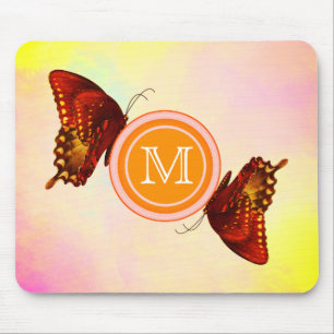Vibrant Orange Butterflies & Pastel Sky   Monogram Mouse Pad