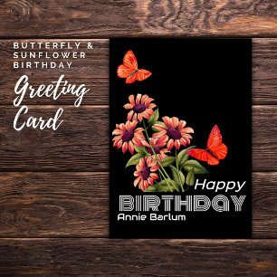 Vibrant Orange Butterfly & Sunflower Birthday Card