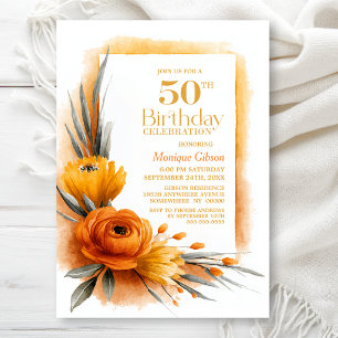 Vibrant Orange Floral 50th Birthday Party Invitation