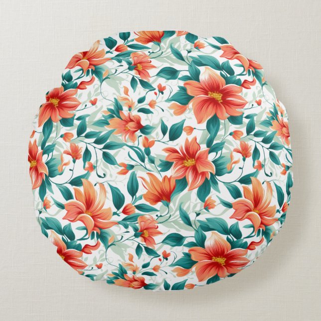 Vibrant Orange Floral Garden Pattern - Elegant Tea Round Cushion (Front)
