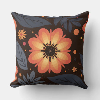 Vibrant Orange Floral Pattern on Dark Background Cushion
