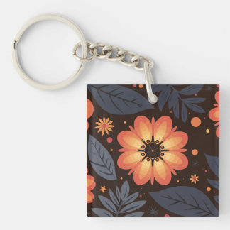 Vibrant Orange Floral Pattern on Dark Background Key Ring