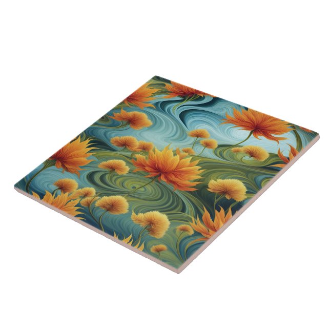 Vibrant Orange Flowers Amidst Swirling Blues Tile (Side)