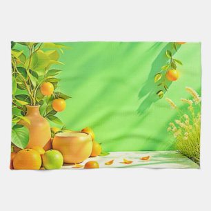 Vibrant Orange Green Still Life Design Tea Towel
