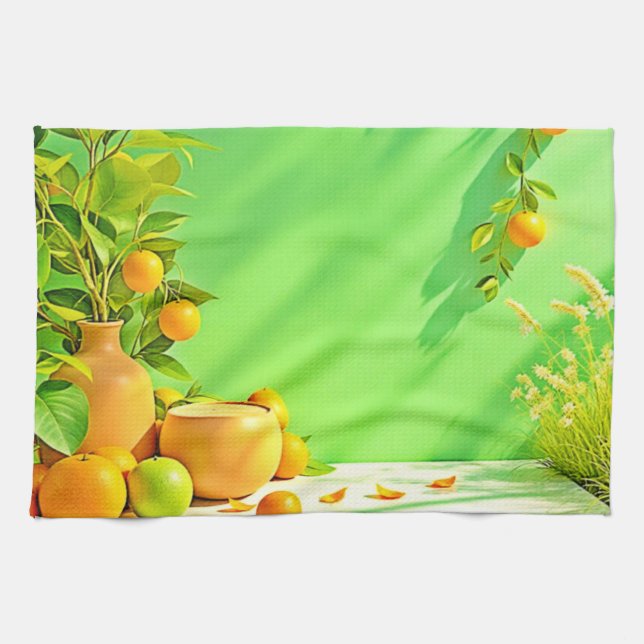Vibrant Orange Green Still Life Design Tea Towel (Horizontal)