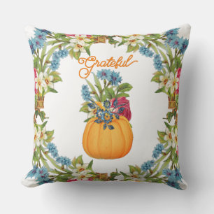 Vibrant Orange Halloween Pumpkin Watercolor Flora Cushion