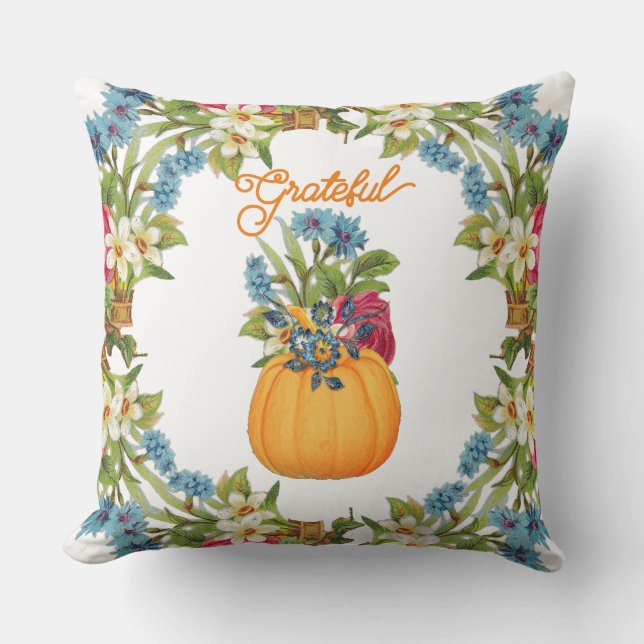  Vibrant Orange Halloween Pumpkin Watercolor Flora Cushion (Front)