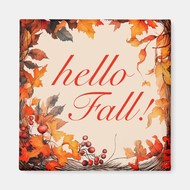 Vibrant Orange "hello Fall!" Autumn Leaves  Magnet (Front)