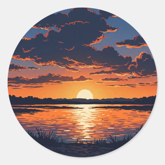 Vibrant Orange Lake Sunset View Classic Round Sticker (Front)