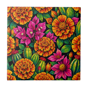 Vibrant Orange Magenta Marigold Cactus Tropical  Tile
