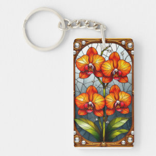 Vibrant orange Orchids in Ornamental Gold Frame Key Ring