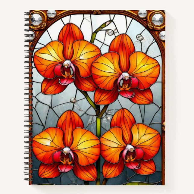 Vibrant orange Orchids in Ornamental Gold Frame Notebook (Front)