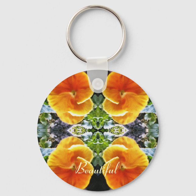 Vibrant Orange Pansies Botanical Natural Key Ring (Front)