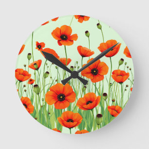 Vibrant Orange Poppy Field Watercolor Summer Round Clock