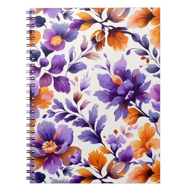 Vibrant Orange & Purple Floral Watercolor NoteBook (Front)