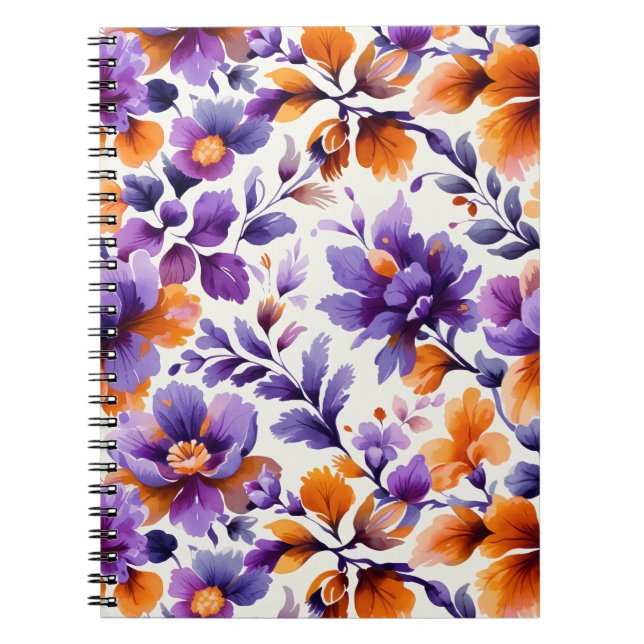 Vibrant Orange & Purple Floral Watercolor | Spiral Notebook (Front)
