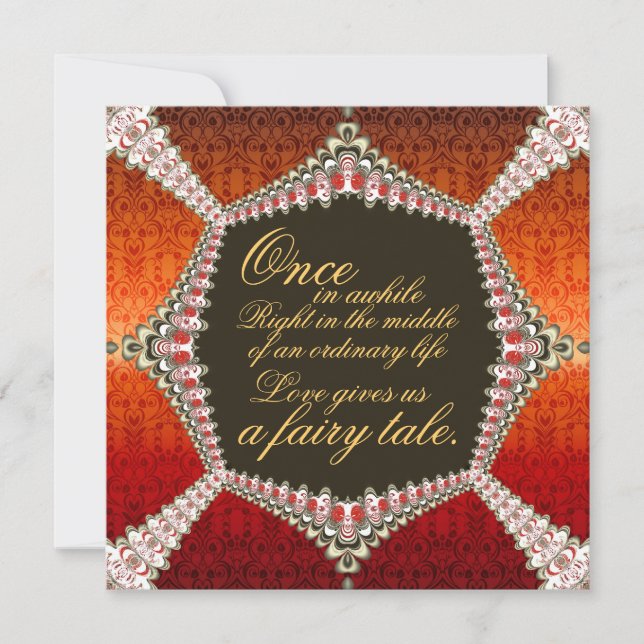 Vibrant Orange Red Damask Fractal Lace Fairytale Invitation (Front)