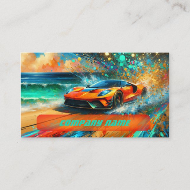 Vibrant Orange Sportscar on a Tropical Beach  Business Card (Front)