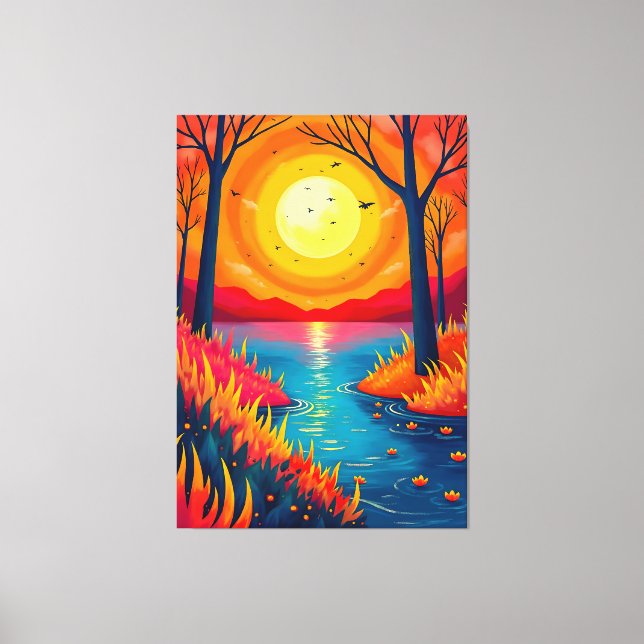 Vibrant Orange Sunset Lake Landscape Art Canvas Print (Front)
