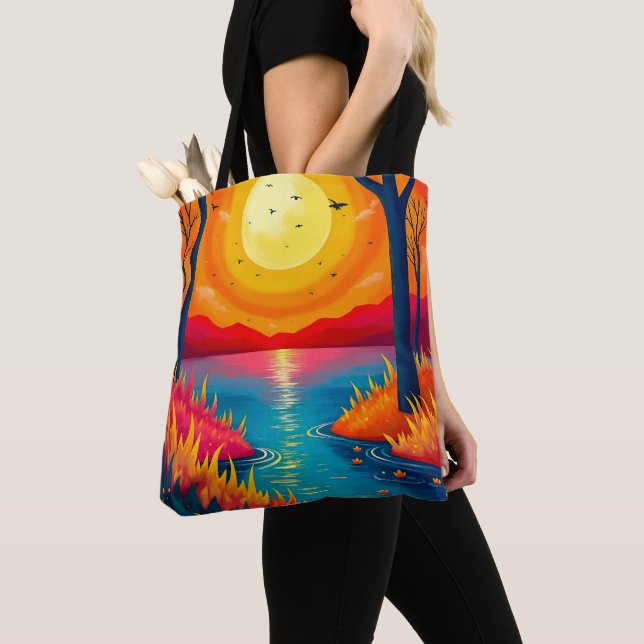 Vibrant Orange Sunset Lake Landscape Art Tote Bag (Close Up)