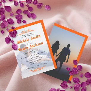 Vibrant orange vintage elements and photo wedding invitation