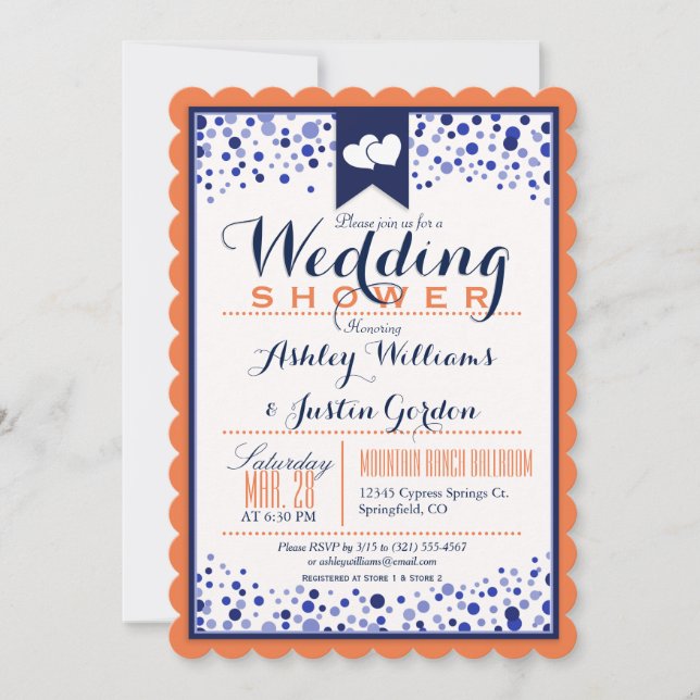 Vibrant Orange, White, & Navy Blue Wedding Shower Invitation (Front)