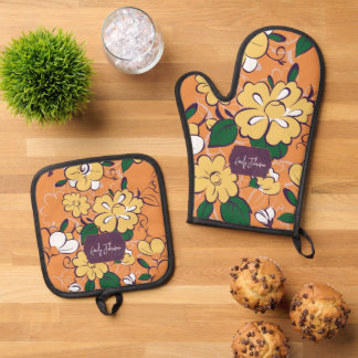 Vibrant Orange Yellow Floral Kitchen Custom Name Oven Mitt & Pot Holder Set