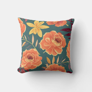 Vibrant Orange & Yellow Floral on Green Background Cushion