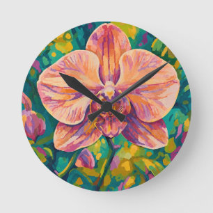 Vibrant Orchid Flower Colorful Wall Art Round Clock