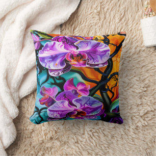 Vibrant Orchids Against a Colourful Background Cushion
