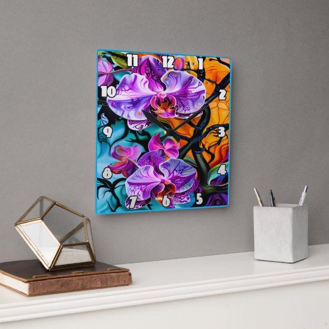 Vibrant Orchids Against a Colourful Background Square Wall Clock (Office)
