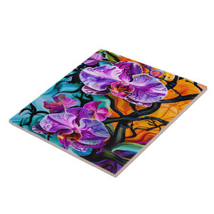 Vibrant Orchids Against a Colourful Background Tile