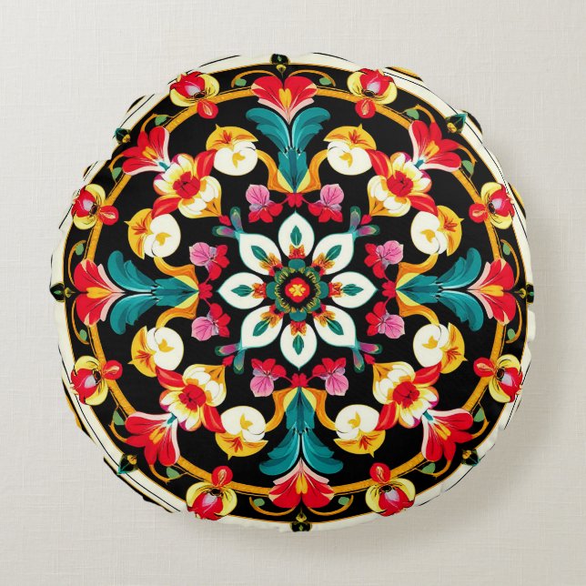 Vibrant Ornate Mandala Design Round Cushion (Front)