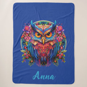 Vibrant Owl - Colourful Boho w/ Custom Name Sherpa Blanket