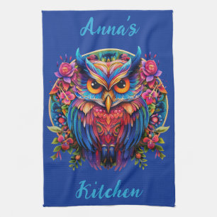 Vibrant Owl - Colourful Boho w/ Custom Name Tea Towel