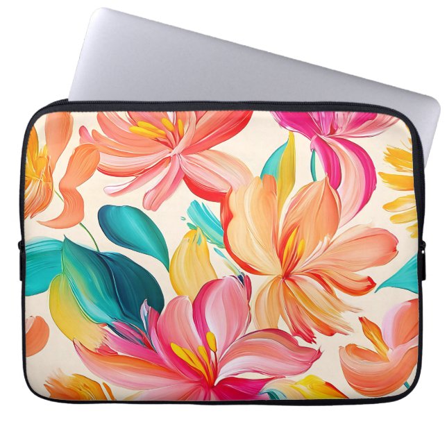 Vibrant Painted Floral Pattern Laptop Sleeve (Front)