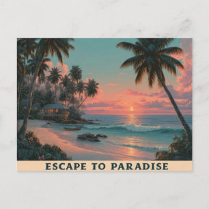 Vibrant Painterly Tropical Beach Sunset Postcard