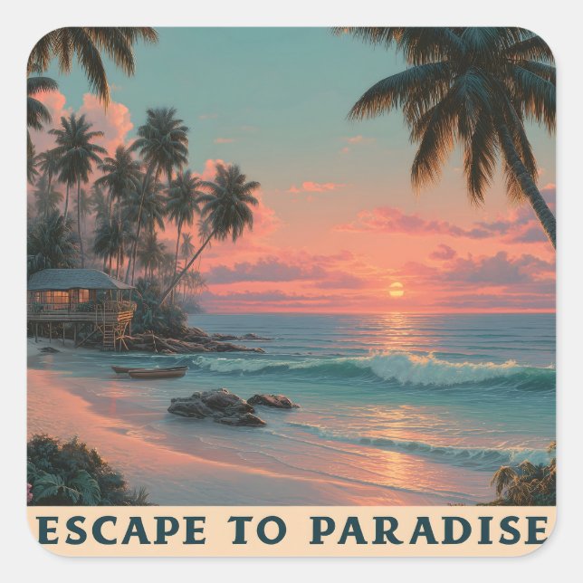 Vibrant Painterly Tropical Beach Sunset  Square Sticker (Front)