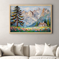 Vibrant Painting Mountain Wildflower Cabin Art