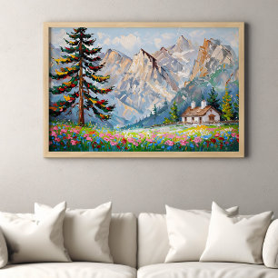 Vibrant Painting Mountain Wildflower Cabin Art Poster