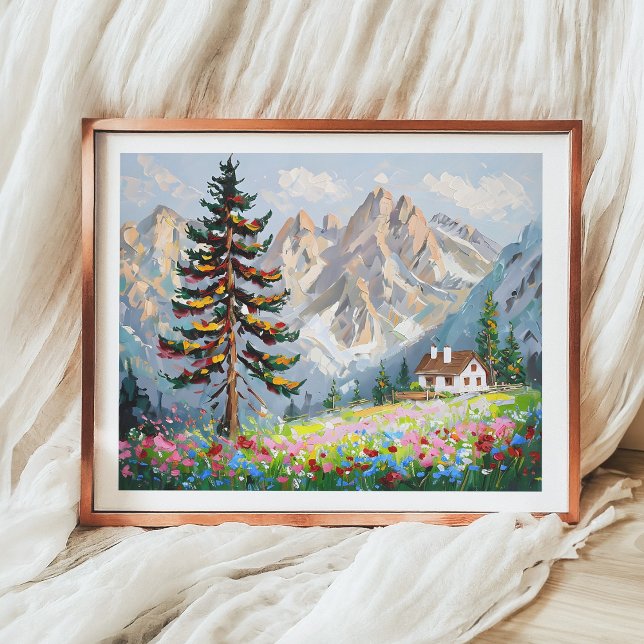 Vibrant Painting Mountain Wildflower Cabin Art Poster (Creator Uploaded)