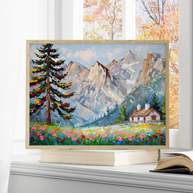 Vibrant Painting Mountain Wildflower Cabin Art Poster (Creator Uploaded)