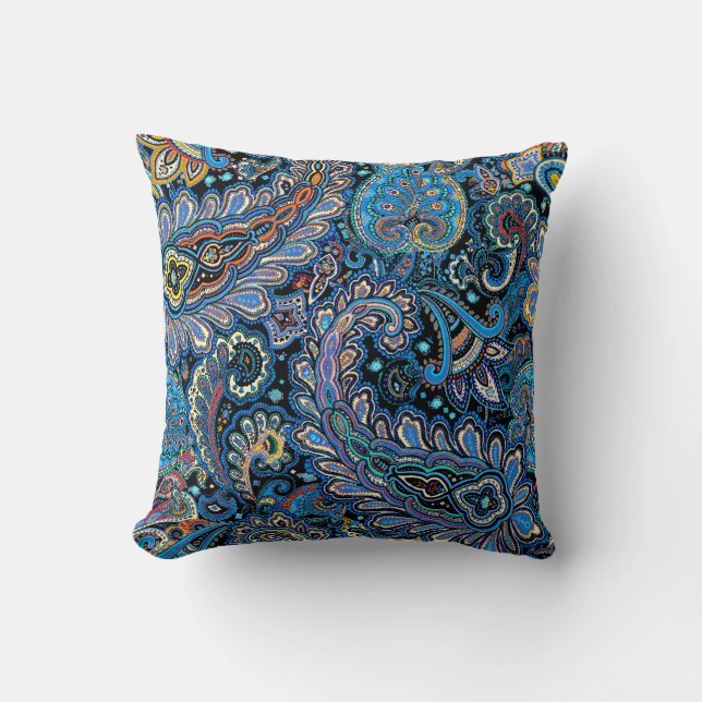 Vibrant Paisley Pattern in Blue on Black Cushion (Front)
