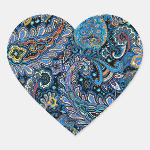 Vibrant Paisley Pattern in Blue on Black Heart Sticker