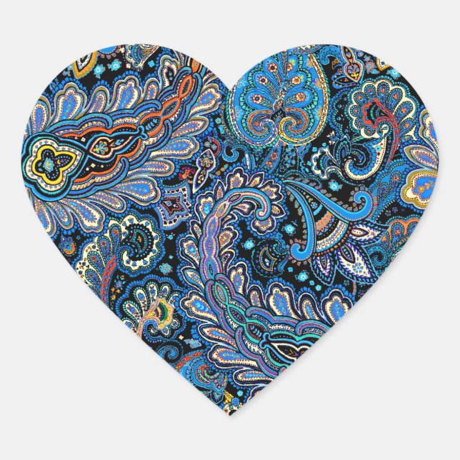 Vibrant Paisley Pattern in Blue on Black Heart Sticker (Front)
