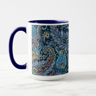 Vibrant Paisley Pattern in Blue on Black Mug