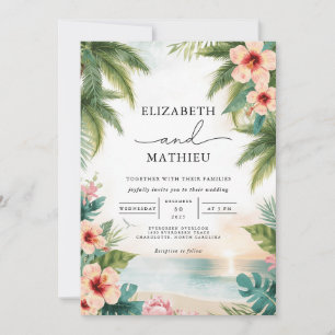 Vibrant Palms Coral Bloom Arch Wedding Invitation