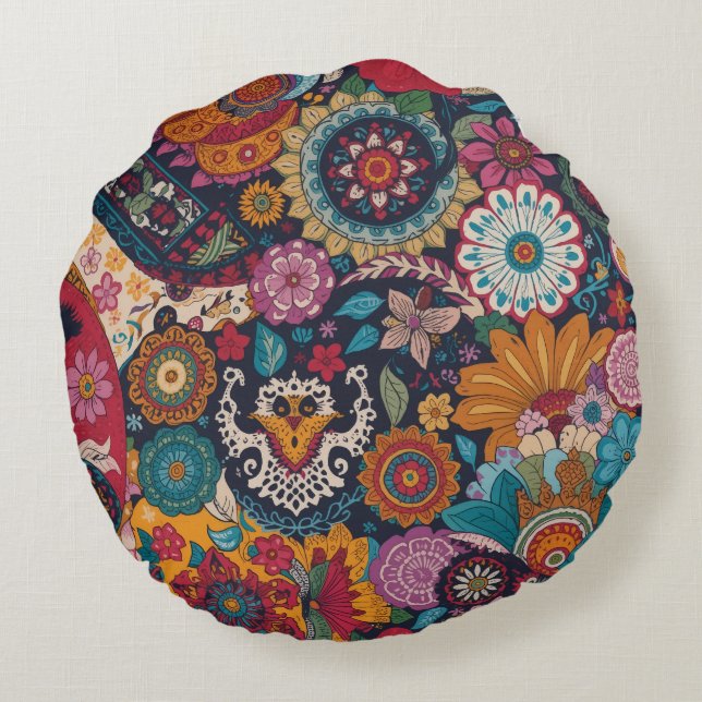 Vibrant Papel Picado Boho Pattern Round Cushion (Back)